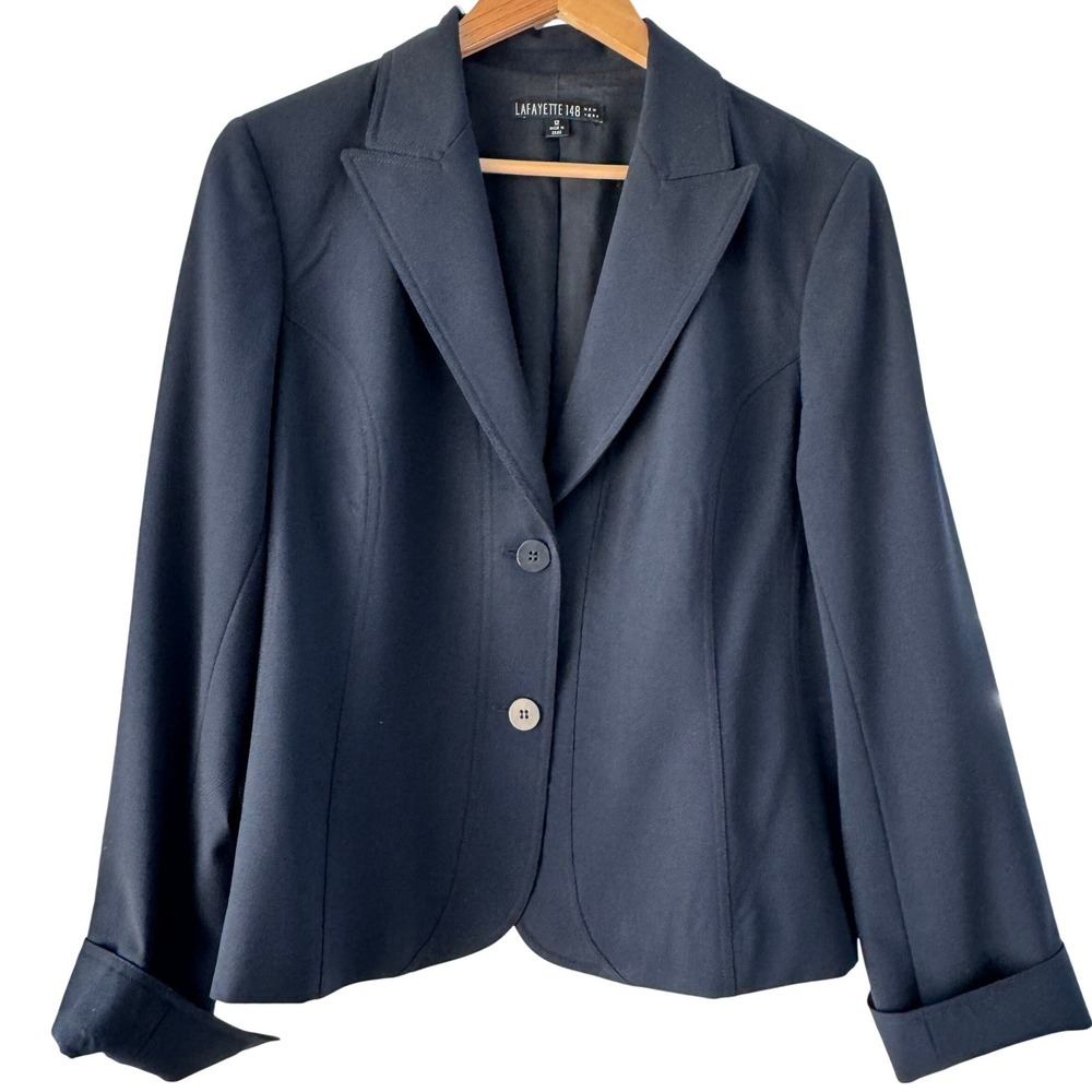 Lafayette 148 Wool Blend Blazer Size 12 Navy Two Button Cuffed Career Jacket